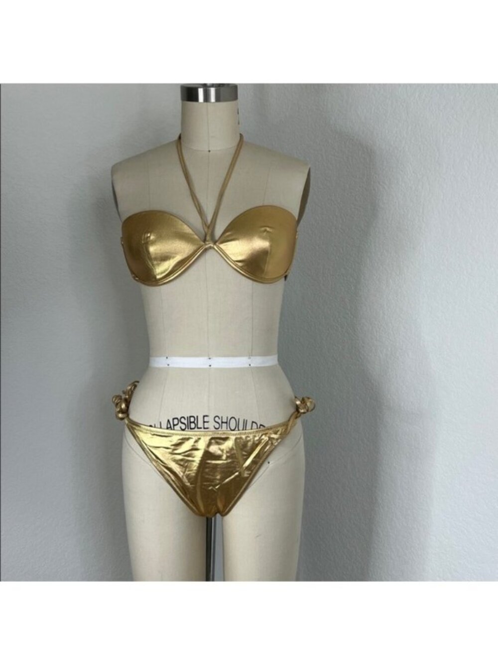 SOLID & STRIPED Pia Gold Halter Side Tie Underwire Metallic Bikini Set